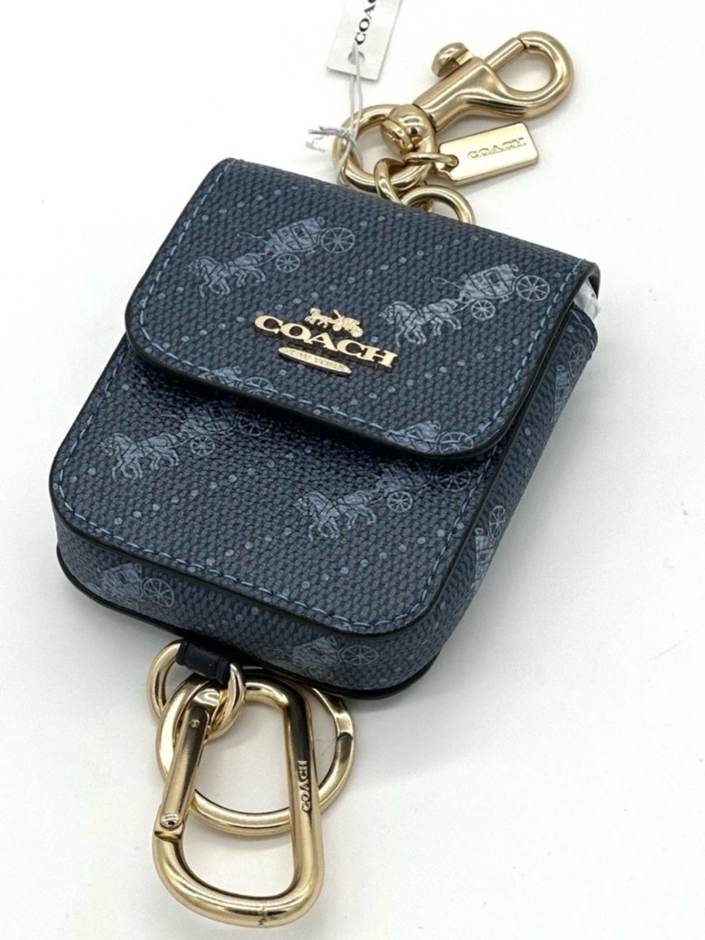 Coach Navy Signature Canvas Key & Card Holder with Gold Hardware
